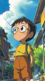 Young boy with glasses standing in narrow sunlit alleyway.