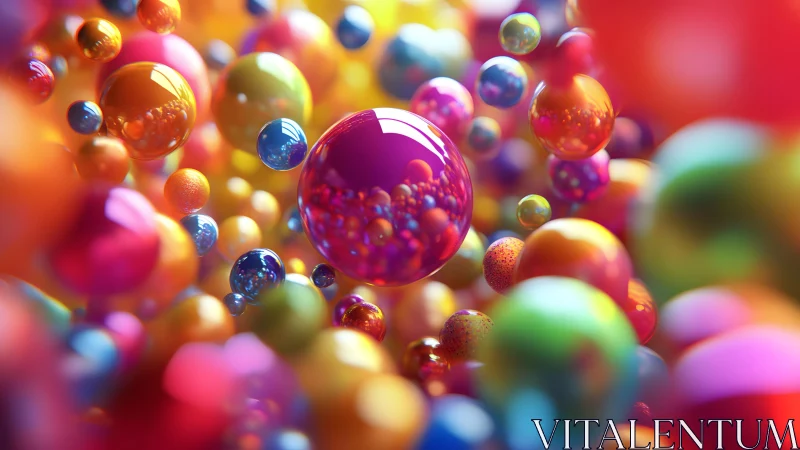 Multicolored reflective spheres in dense floating cluster.