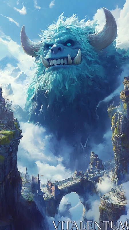 Epic fantasy sky titan above cliffside bridge citadel.