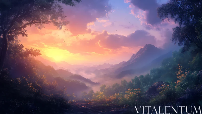 Sunset over misty mountain valley in digital landscape art.