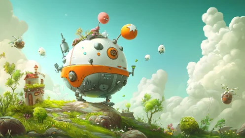 Whimsical sky rover drifting above a toy-bright meadow.