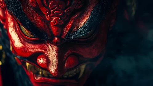 Close view of red demonic mask with golden teeth details.