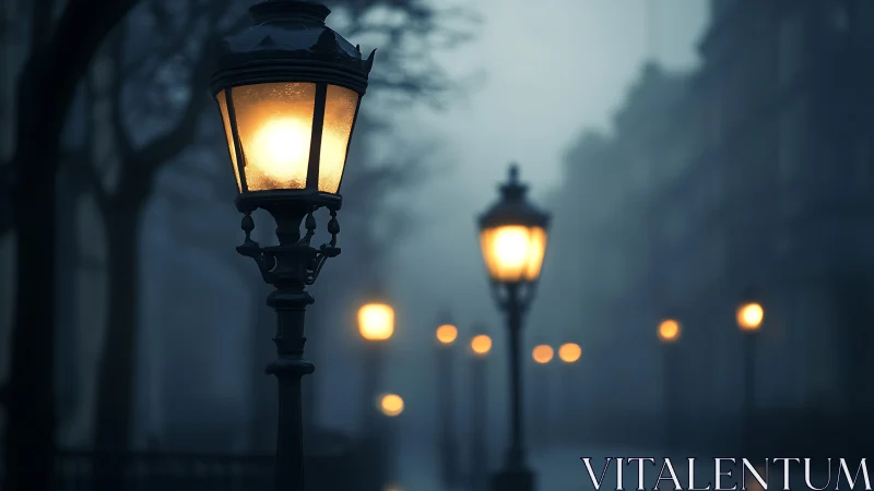 Foggy streetlamps with warm bokeh in nocturnal cityscape.