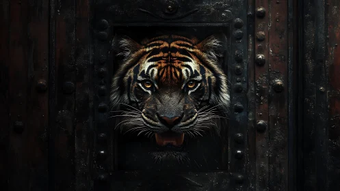 Tiger muzzle emerging through riveted iron hatch aperture.