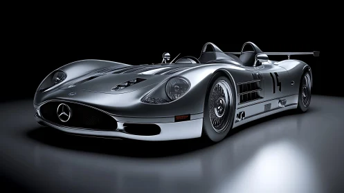 Silver racing roadster sits on reflective floor in studio
