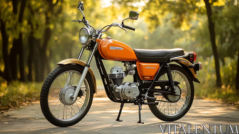 Vintage orange road motorcycle stands in sunlit forest lane