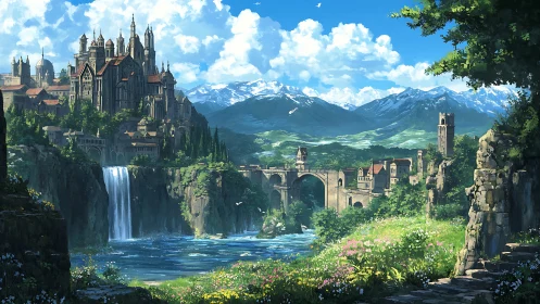 Fantasy riverside citadel with bridge and alpine backdrop.