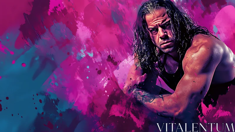 Muscular male figure against abstract magenta and cyan field.