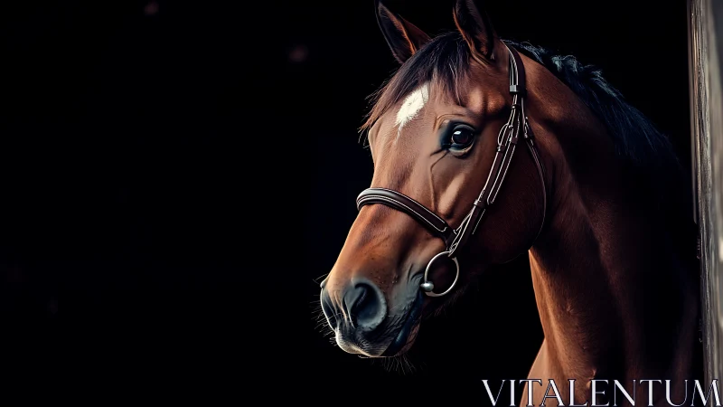 Equine portrait under low key illumination with tack detail.