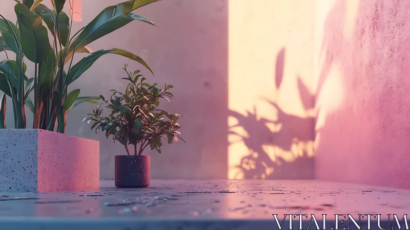 Soft sunset glow on potted plants and dreamy shadows.