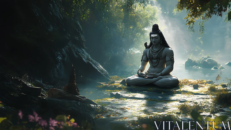 Gentle stone deity rests in quiet forest riverside light