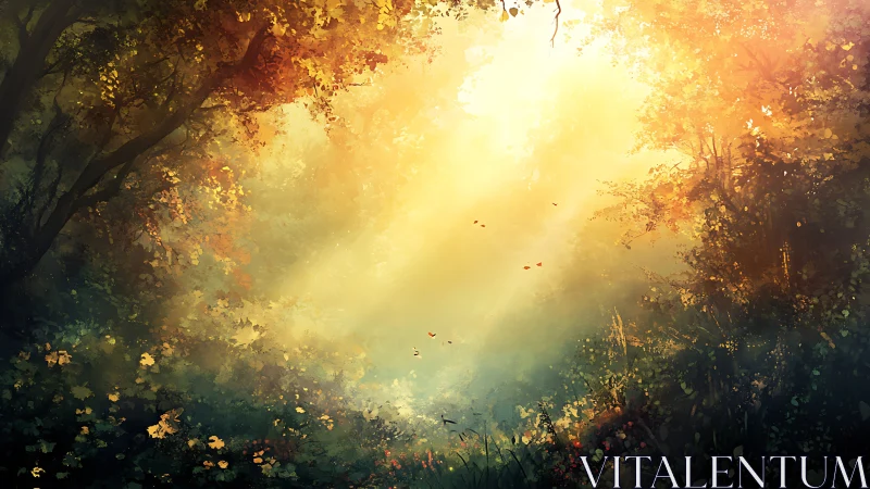 Sunbeams wander softly through a secret painted forest