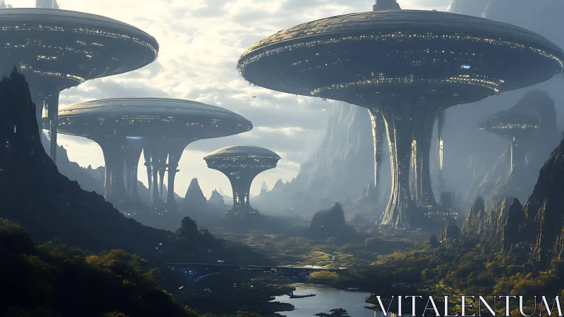 Futuristic elevated city structures above river valley landscape.