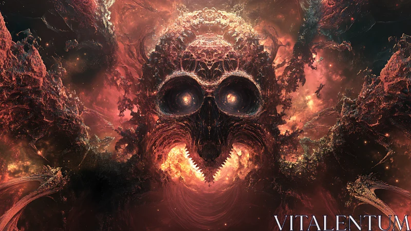 Cosmic skull nebula glowing with fiery, otherworldly energy.