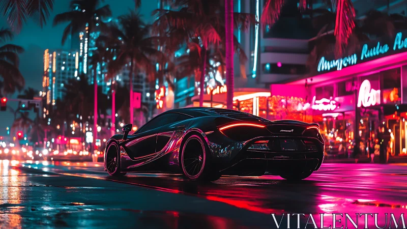 Neon-lit supercar cruises through futuristic palm-lined boulevard.