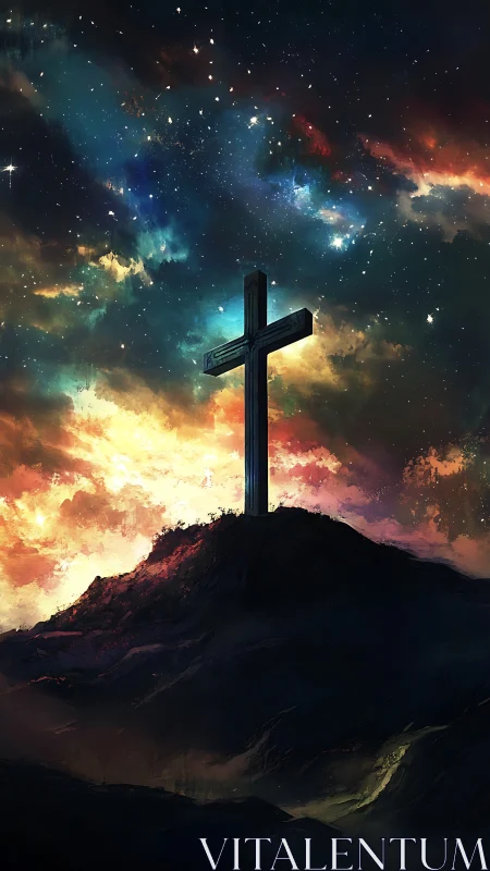 Stellar nebula sky over solitary cross on silhouetted hilltop.