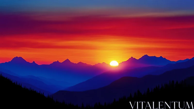 Glowing sunset hugging tranquil blue mountains in quiet calm.