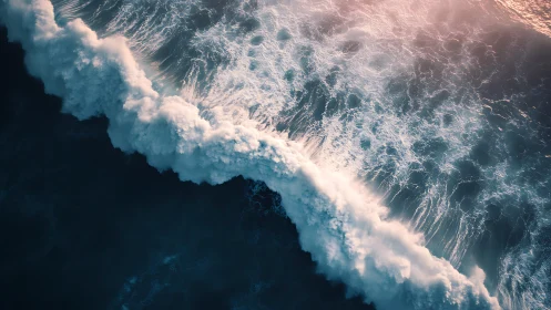 Aerial view of powerful ocean wave breaking at shoreline