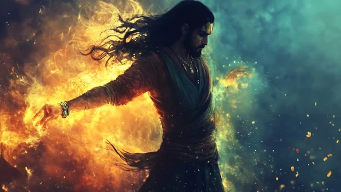Mystic warrior commands swirling fire and ethereal light