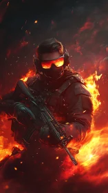 Armored soldier strides through raging flames in tactical focus