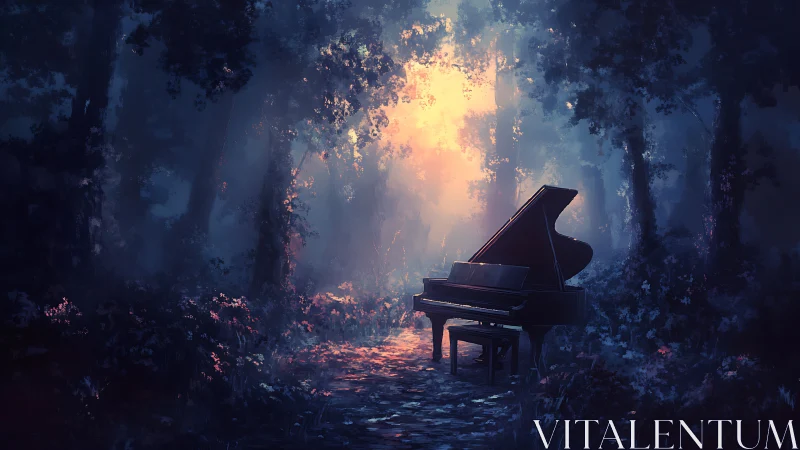 Grand piano glows under ethereal backlight in a misty forest