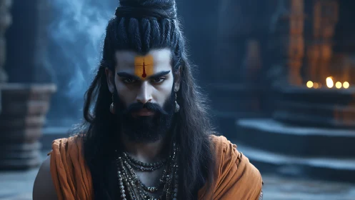 Mystic ascetic gazes fiercely within a candlelit temple hall