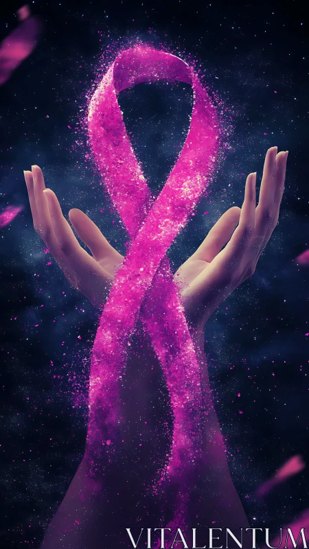 Pink awareness ribbon of particles between open hands.