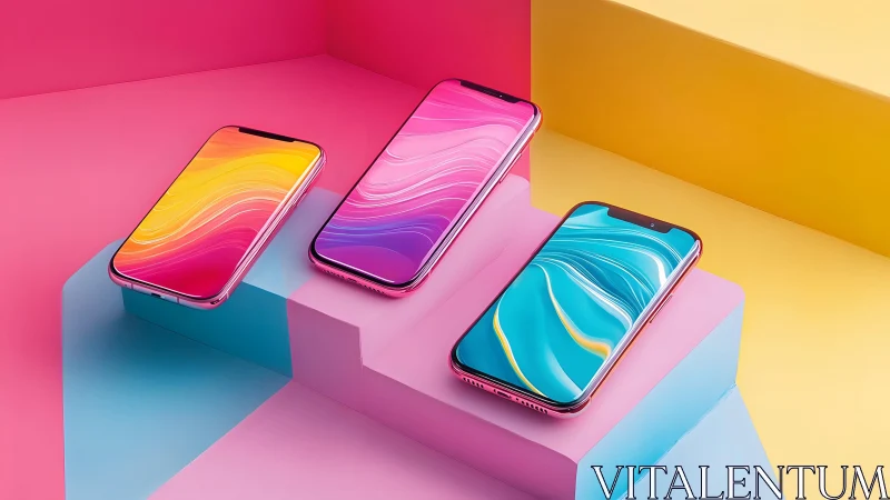 Three modern smartphones with vibrant screens on pastel podiums.