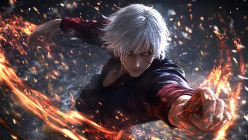 White haired anime fighter unleashes fiery energy attack.