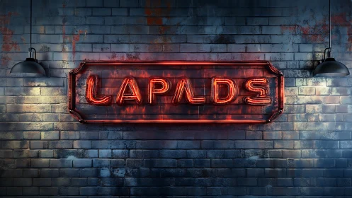 Red neon LAPLDS sign on dark brick wall under lamps.
