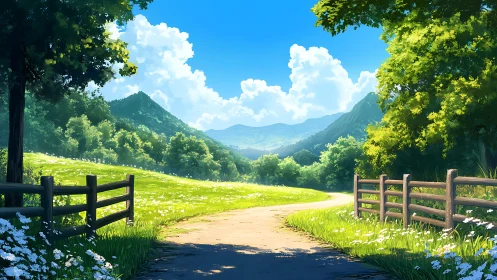 Sunlit country path winding through bright green valley meadow.