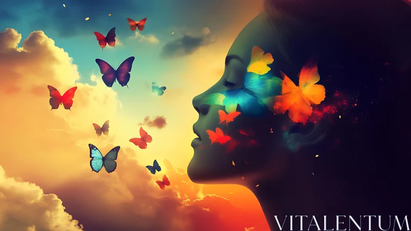 Dreaming silhouette releases radiant butterflies into sky.