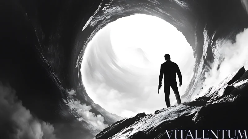 Silhouetted armed figure stands in rocky cave facing vortex
