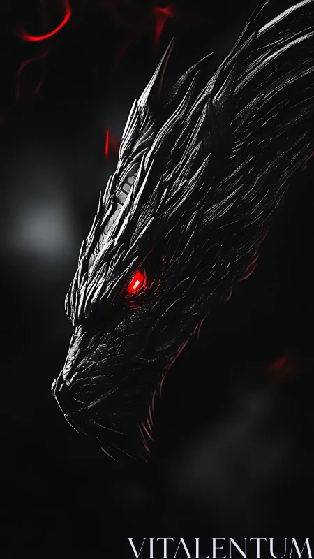 Side profile of dark metallic dragon head with red eye.