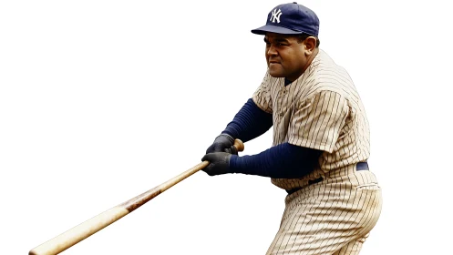 Pinstriped baseball batter in loaded stance, isolated cutout.