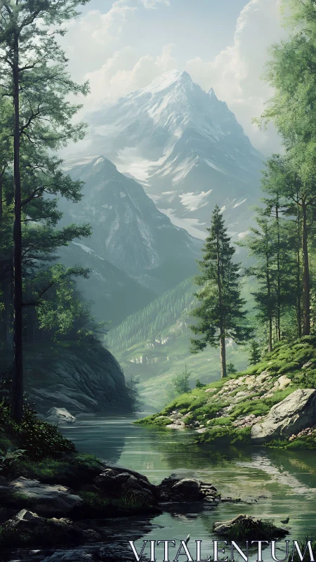 Majestic snow-capped mountain rises above tranquil forest valley.