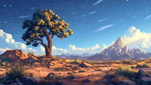 Lone desert tree under wide starry sky and distant mountains.