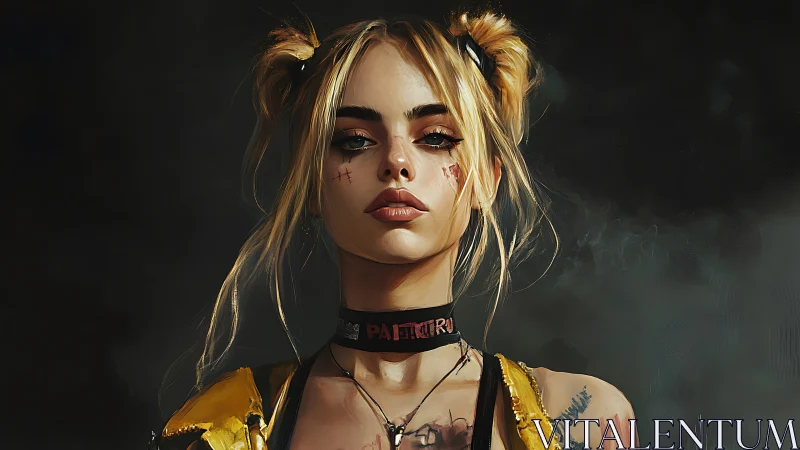 Rebellious blonde punk heroine in moody digital portrait.