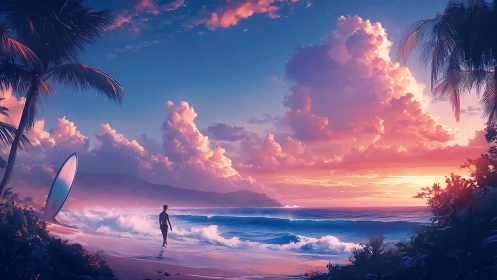 Surfer drifts through cotton-candy clouds above neon tide.