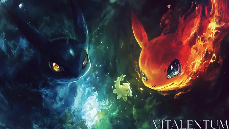 Elemental fox spirits race through swirling fire and water.