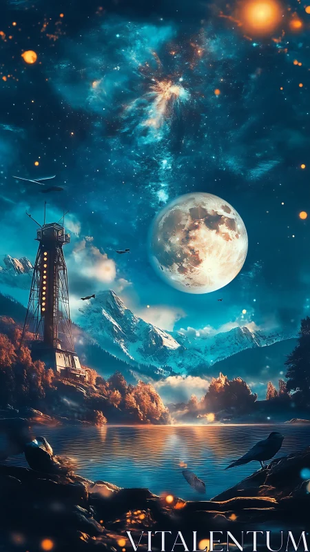 Lunar-lit alpine lake with tower skyline and cosmic aurora.