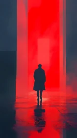 Silhouette entering towering red portal in neon haze.