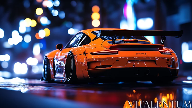Orange race car on wet city street under night lights.