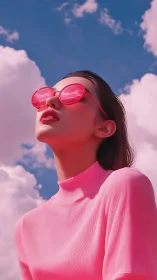 Sunlit woman in pink soaking in a dreamy cotton candy sky.
