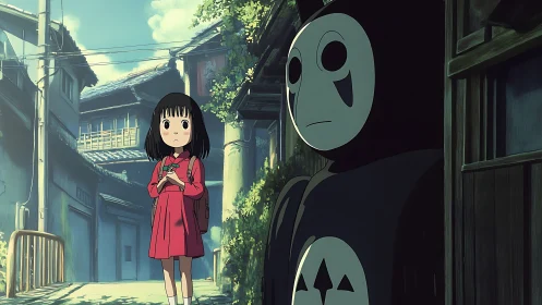 Young girl in red coat confronting masked figure in alleyway