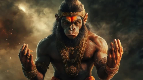 Divine warrior monkey god stands in fiery atmospheric haze