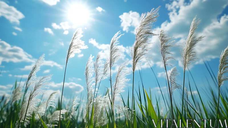Sunlit pampas grass sways gently under a bright blue sky.