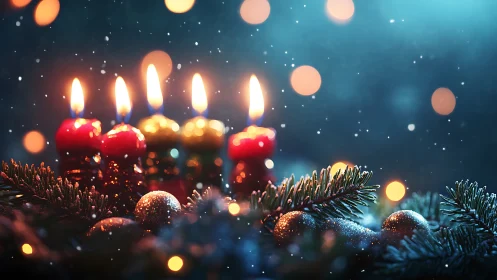 Soft candle glow over winter greenery and quiet sparks.