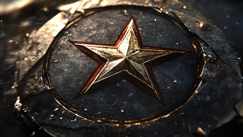 Burnished metallic star emblem on weathered steel plate.