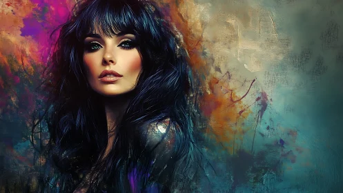 Dark-haired woman emerges against vivid abstract paint field